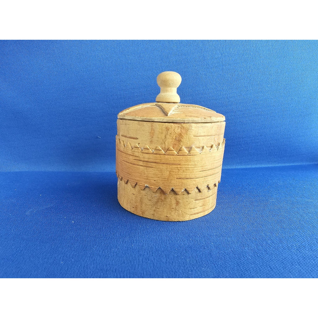 Vintage Small Handmade Carved Round Wood/Bark Box w/Lid