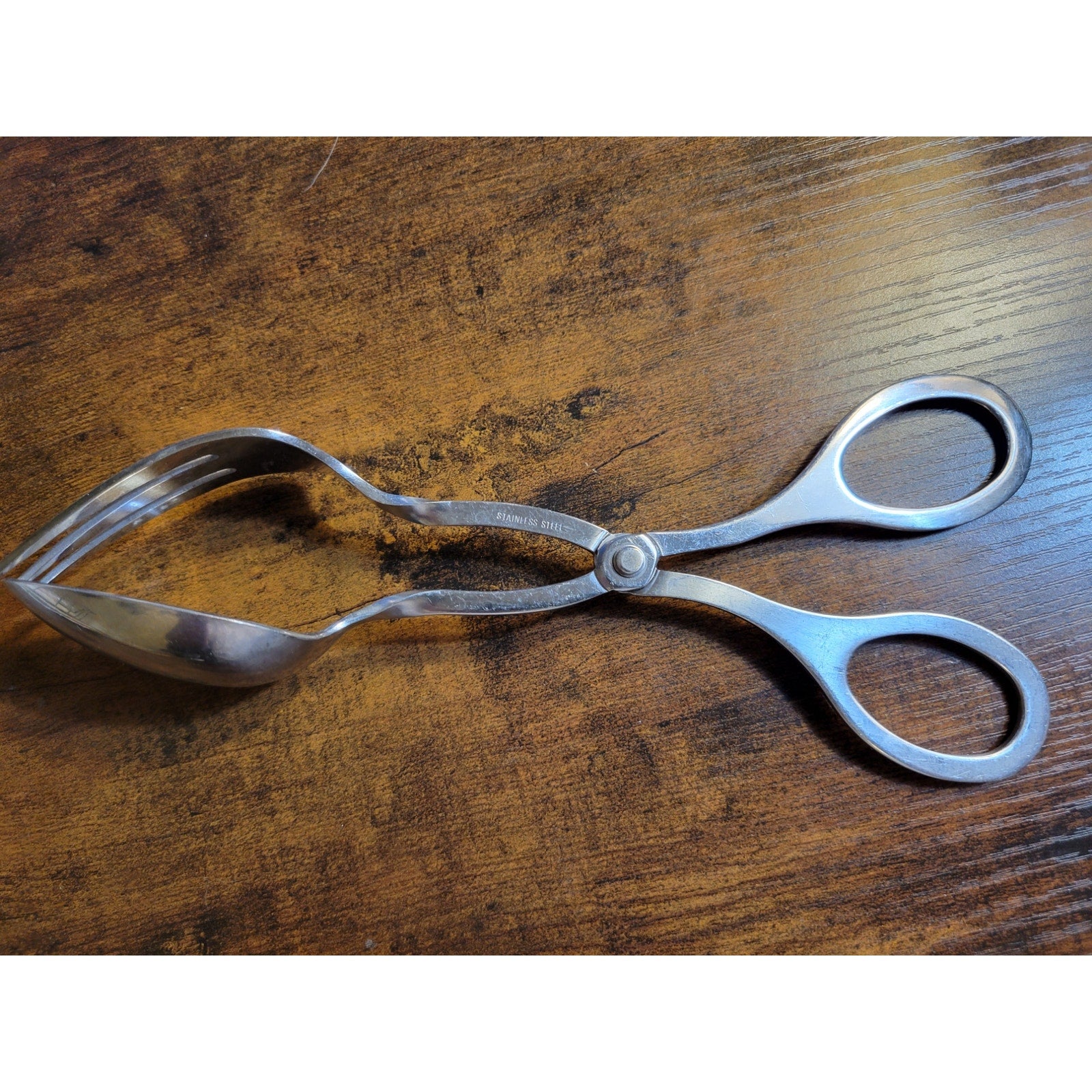 Silver Stainless Steel Salad Tongs - Spoon & Fork - 9" Long (used)