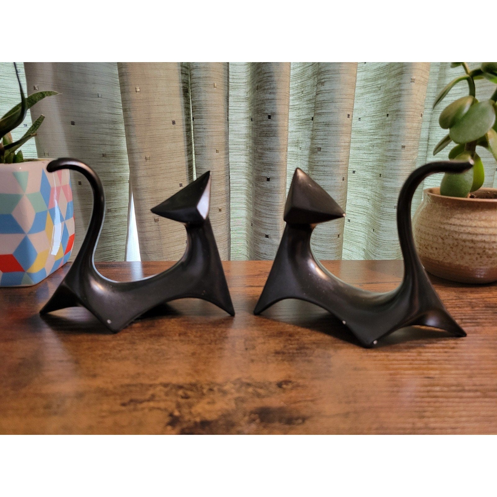 Pair of Mid Century Modern Cubist Atomic Black Ceramic Cat Figurines