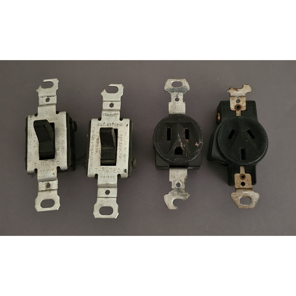 Lot of 4 Vintage Brown Electrical Devices - 2-Light Switches, 1-Outlet, 1- 6-20R