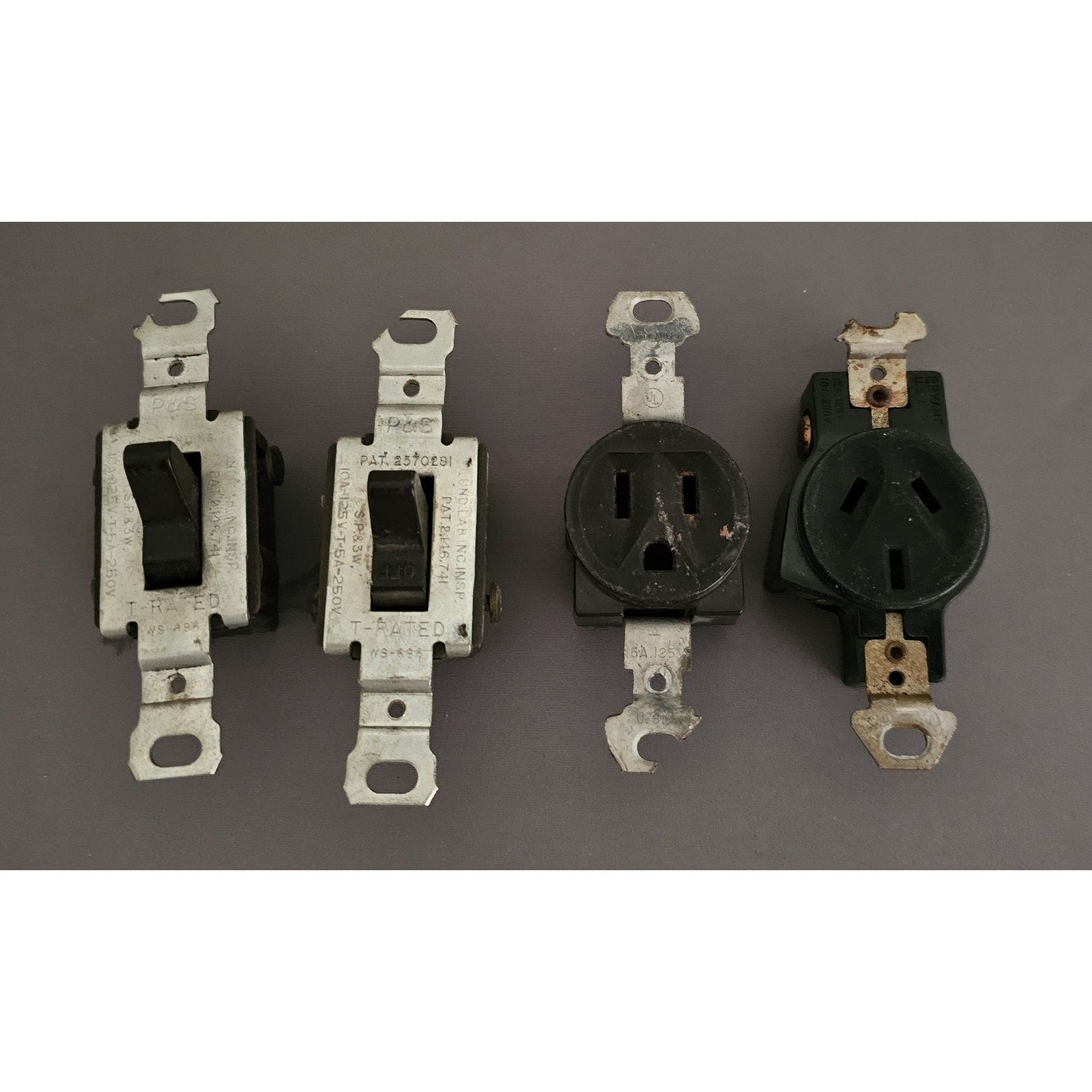 Lot of 4 Vintage Brown Electrical Devices - 2-Light Switches, 1-Outlet, 1- 6-20R