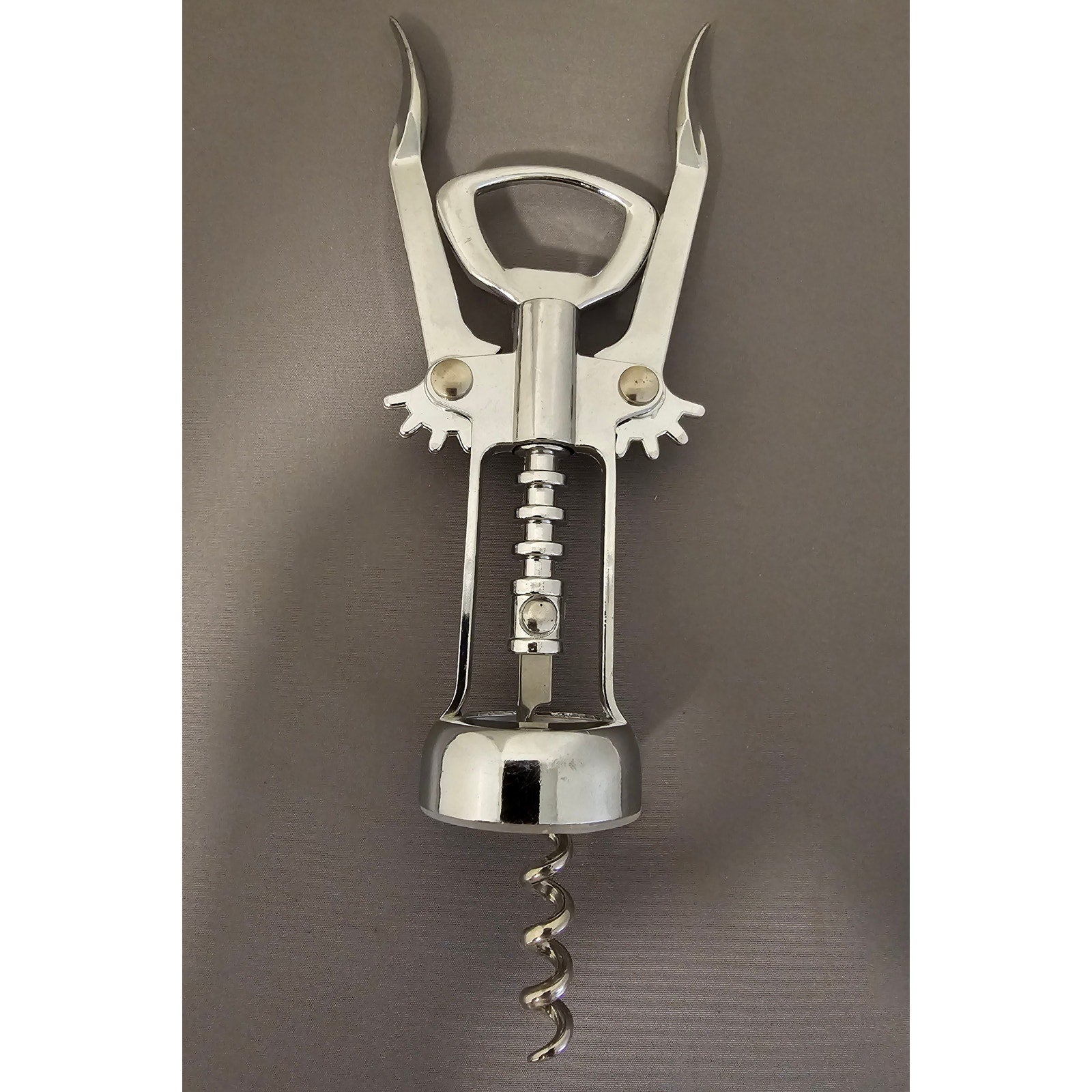 Silver Corkscrew Wine Bottle Opener w/Fins - Push Down - 6-1/4" - Used