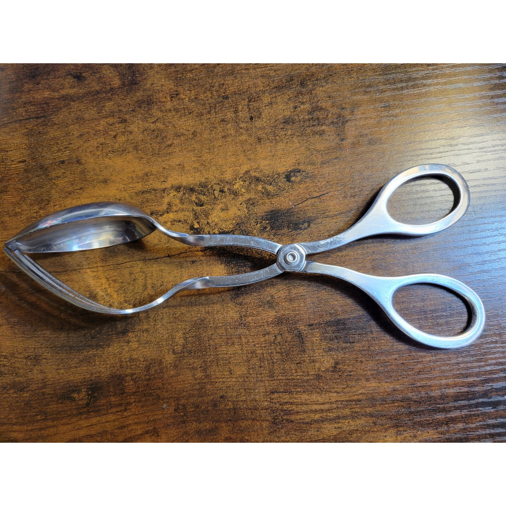 Silver Stainless Steel Salad Tongs - Spoon & Fork - 9" Long (used)