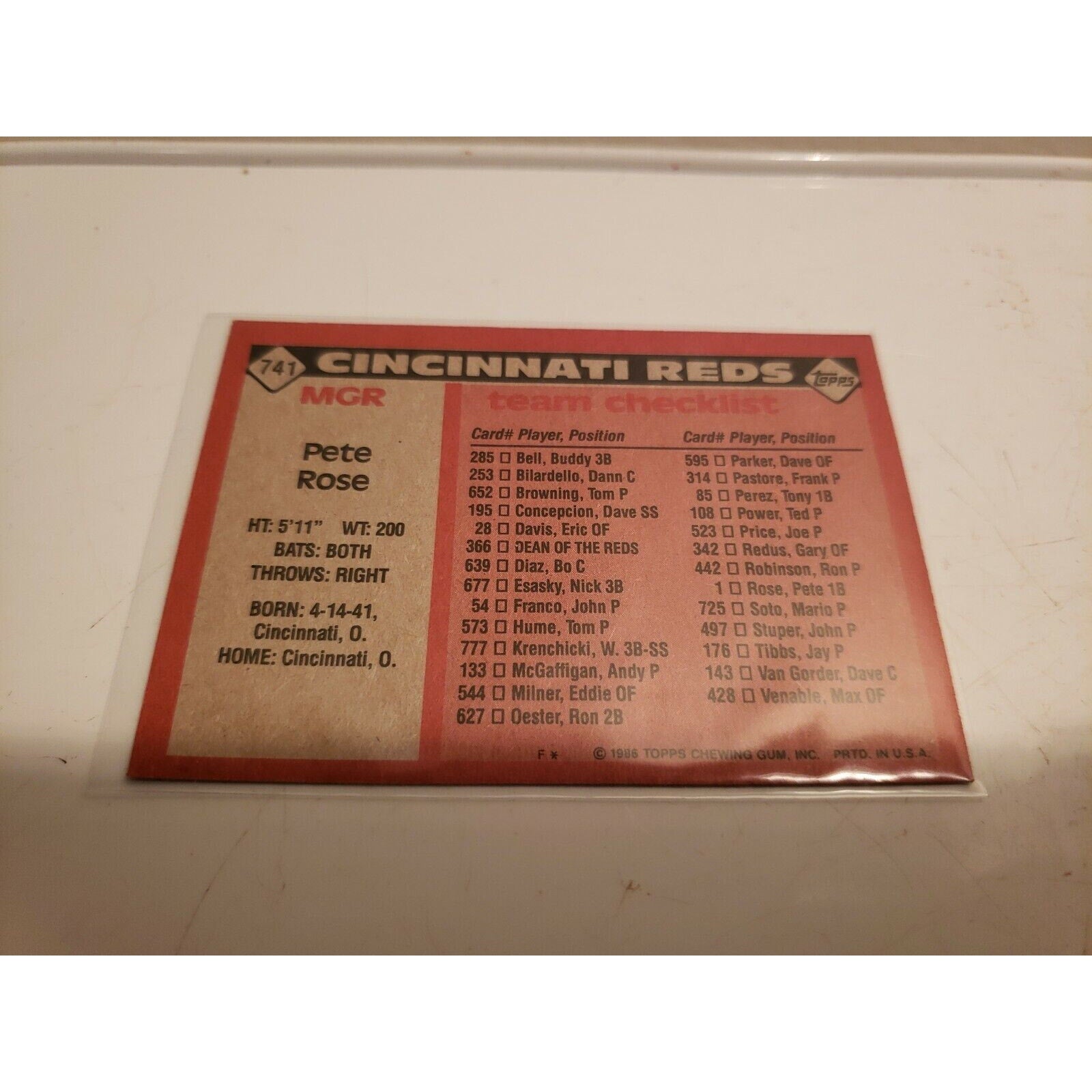 Pete Rose 1986 Topps #741 - Cincinnati Reds - MLB Baseball Card