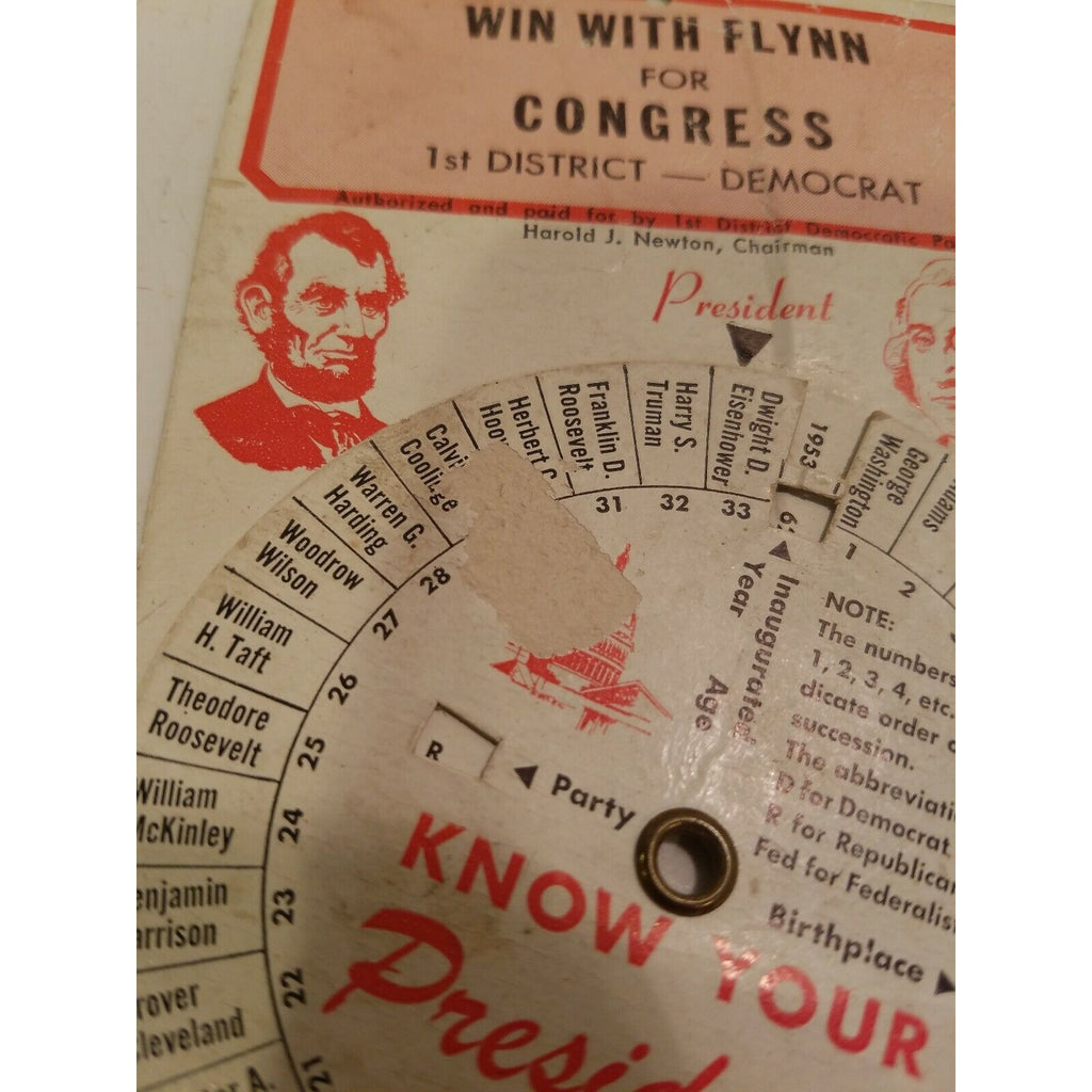 1957/58 Win With Flynn for Congress 1st District WI Gerald President Wheel Chart