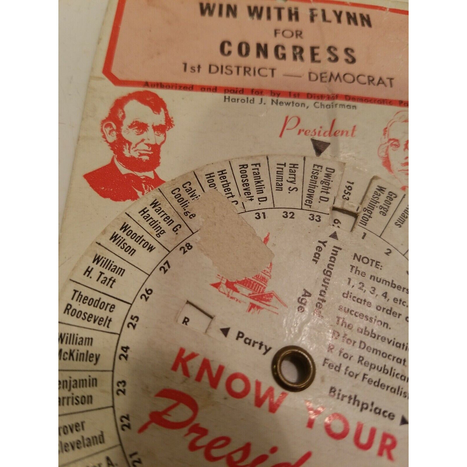 1957/58 Win With Flynn for Congress 1st District WI Gerald President Wheel Chart