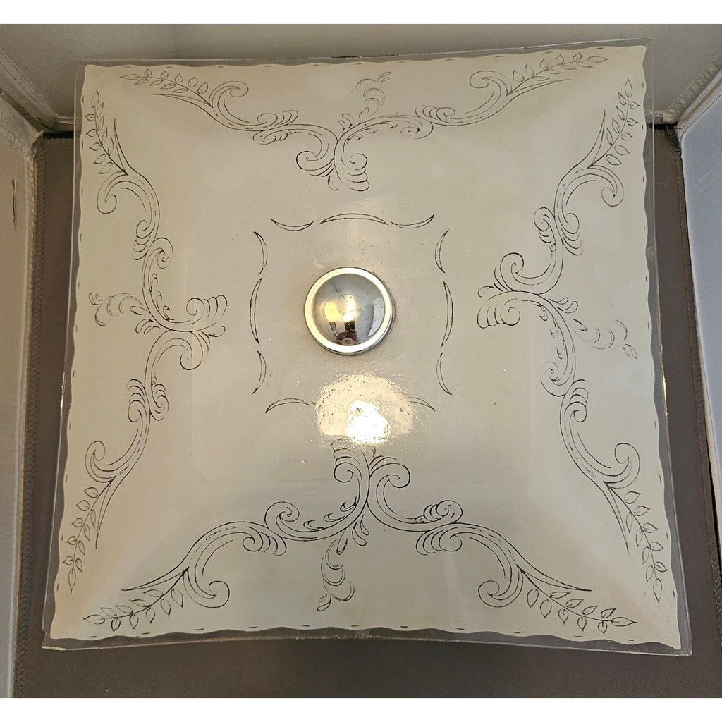 Vintage Mid Century Modern Square Ceiling Light Fixture w/Frosted Glass Floral