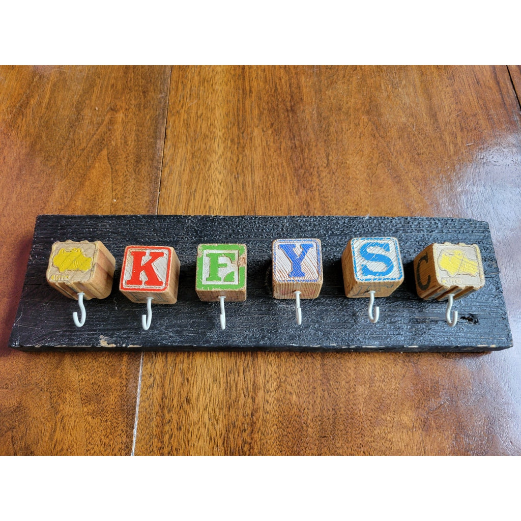 Custom Made Key Holder Out Of Children's Toy Building Blocks w/Letters and Car