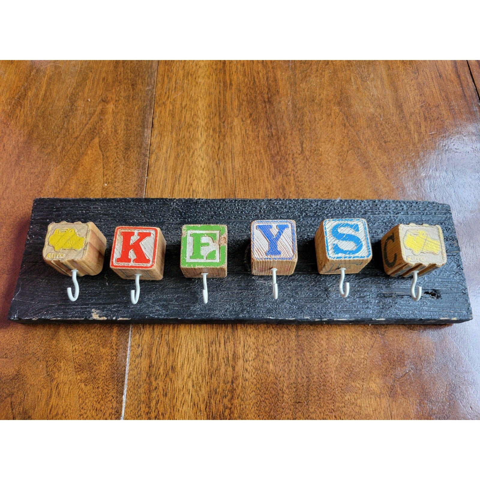 Custom Made Key Holder Out Of Children's Toy Building Blocks w/Letters and Car