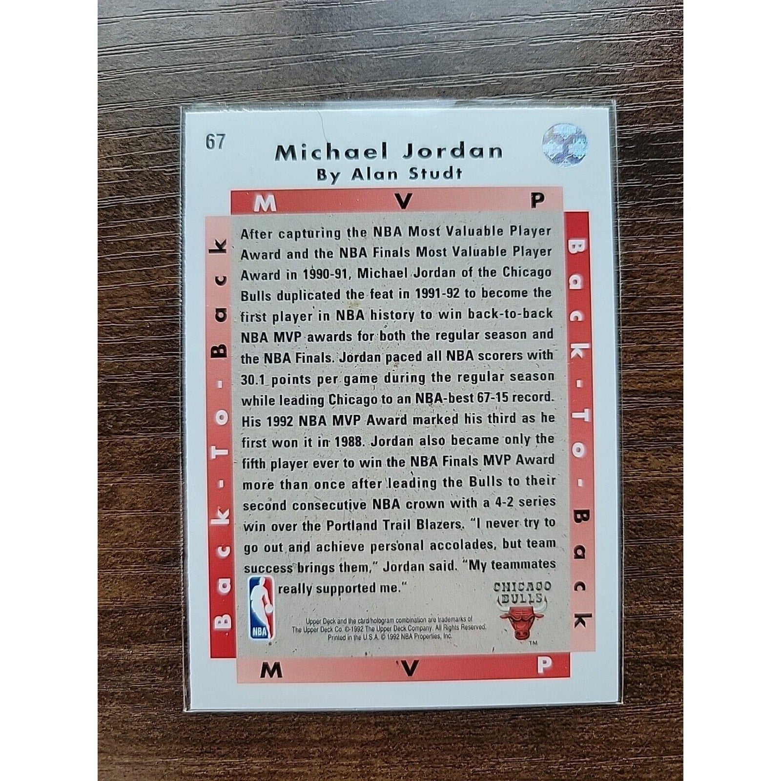 Michael Jordan 1992-1993 Upper Deck #67 - Chicago Bulls - Back to Back MVPs -NBA
