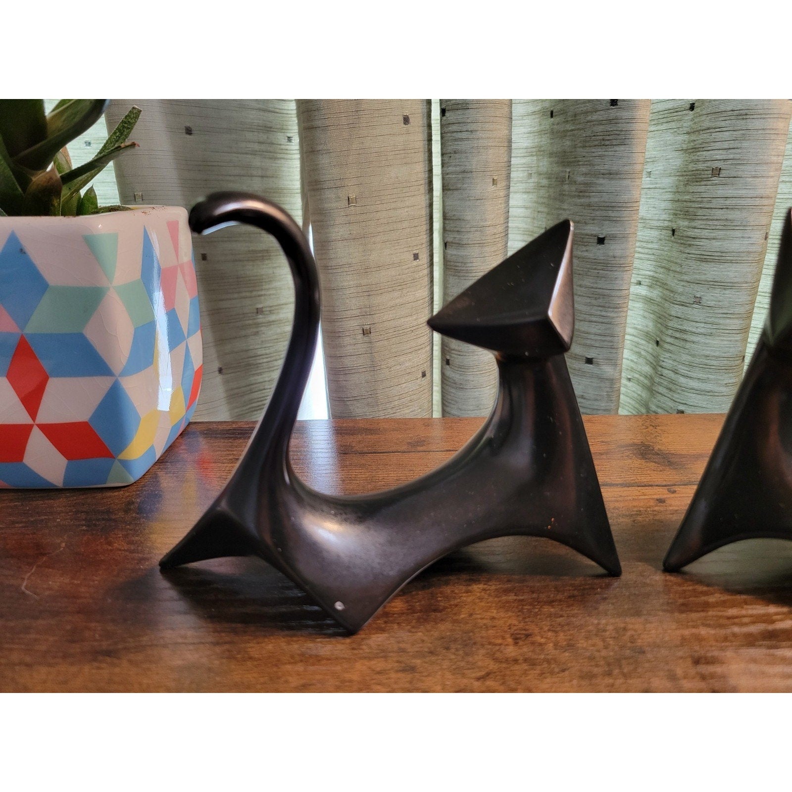 Pair of Mid Century Modern Cubist Atomic Black Ceramic Cat Figurines