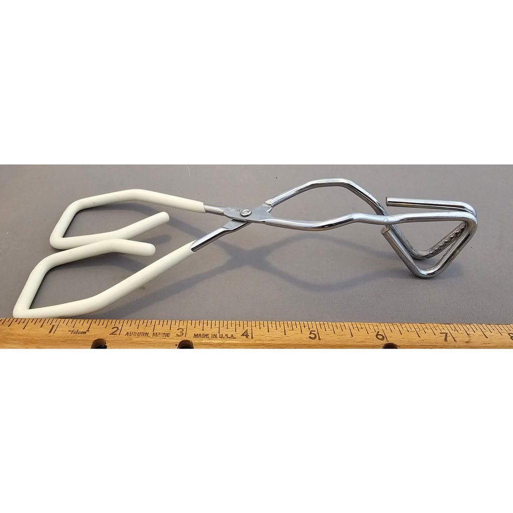 Vintage White Rubber Handle 8-1/2" Angled Stainless Steel Tongs - Made in Taiwan