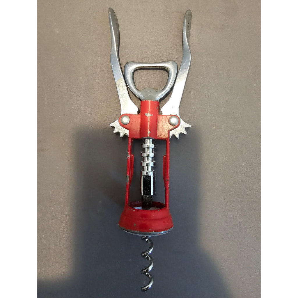 Red/Silver Corkscrew Wine Bottle Opener w/Fins - Push Down - 6-1/2"