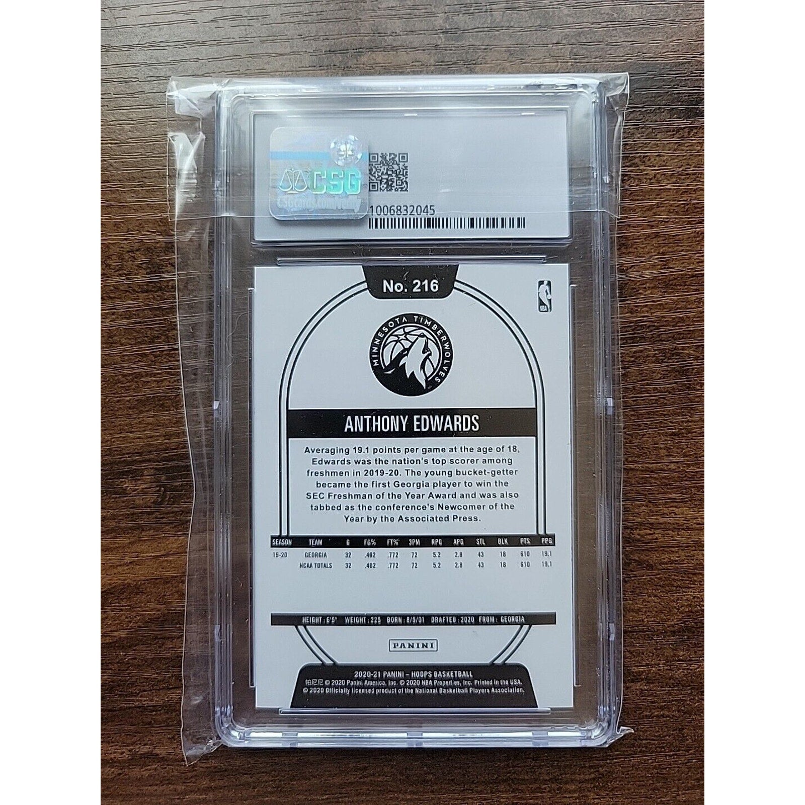 Anthony Edwards 2020-21 Panini Hoops #216 - Winter Rookie - CSG Graded 9
