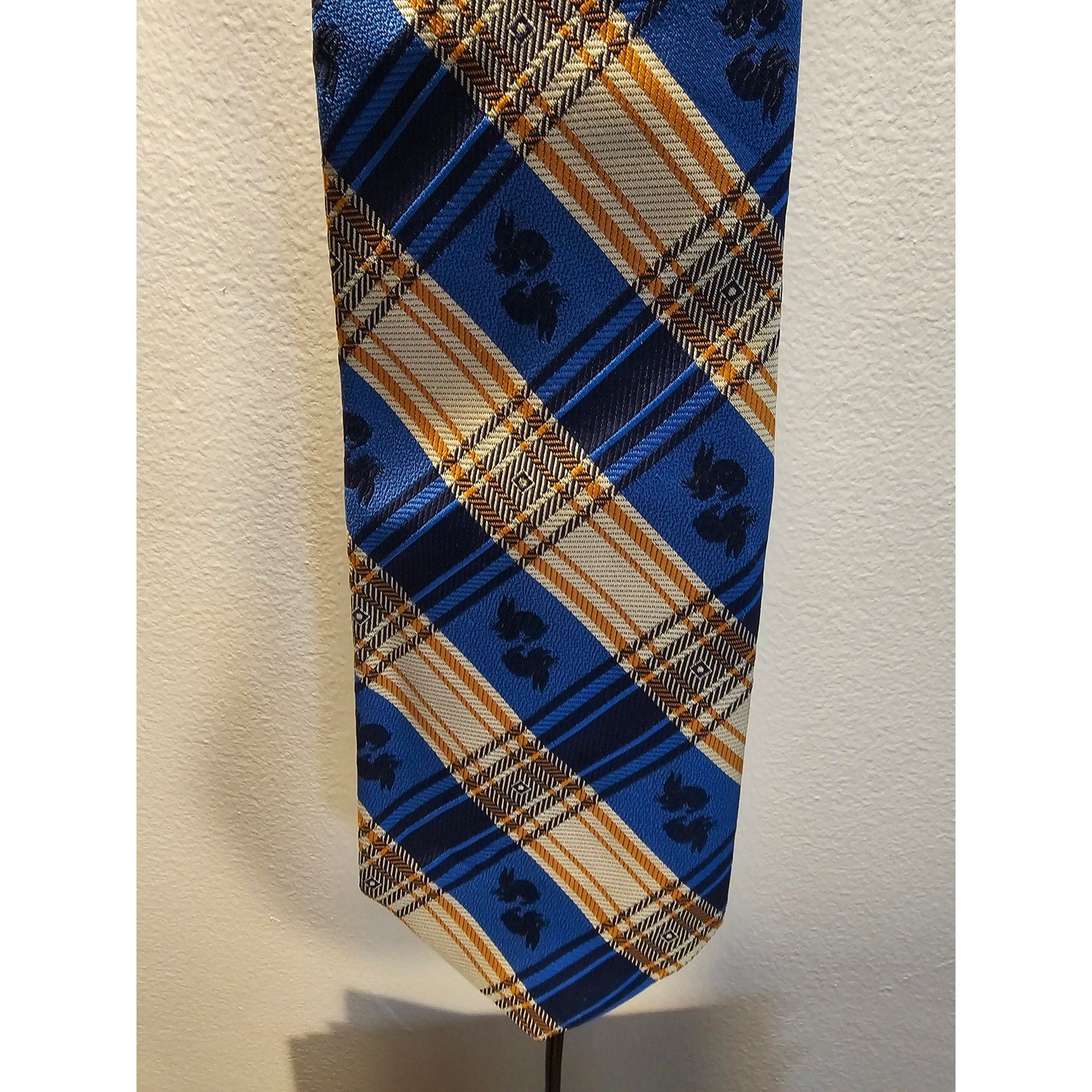 Vintage Men's Necktie - Blue w/Grey & Orange Stripes & Bunnies/Rabbits - 55"