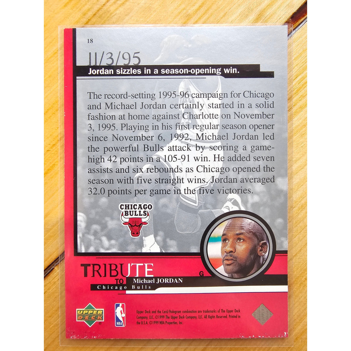 Michael Jordan 1999-2000 Upper Deck Tribune #18 11/3/95 - Chicago Bulls - NBA