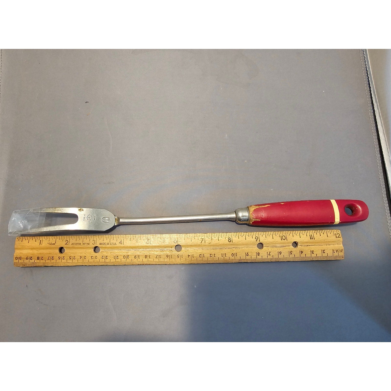 Vintage A&J 2-Prong Stainless Carving/Serving Fork w/Red Wood Handle - 12” Long