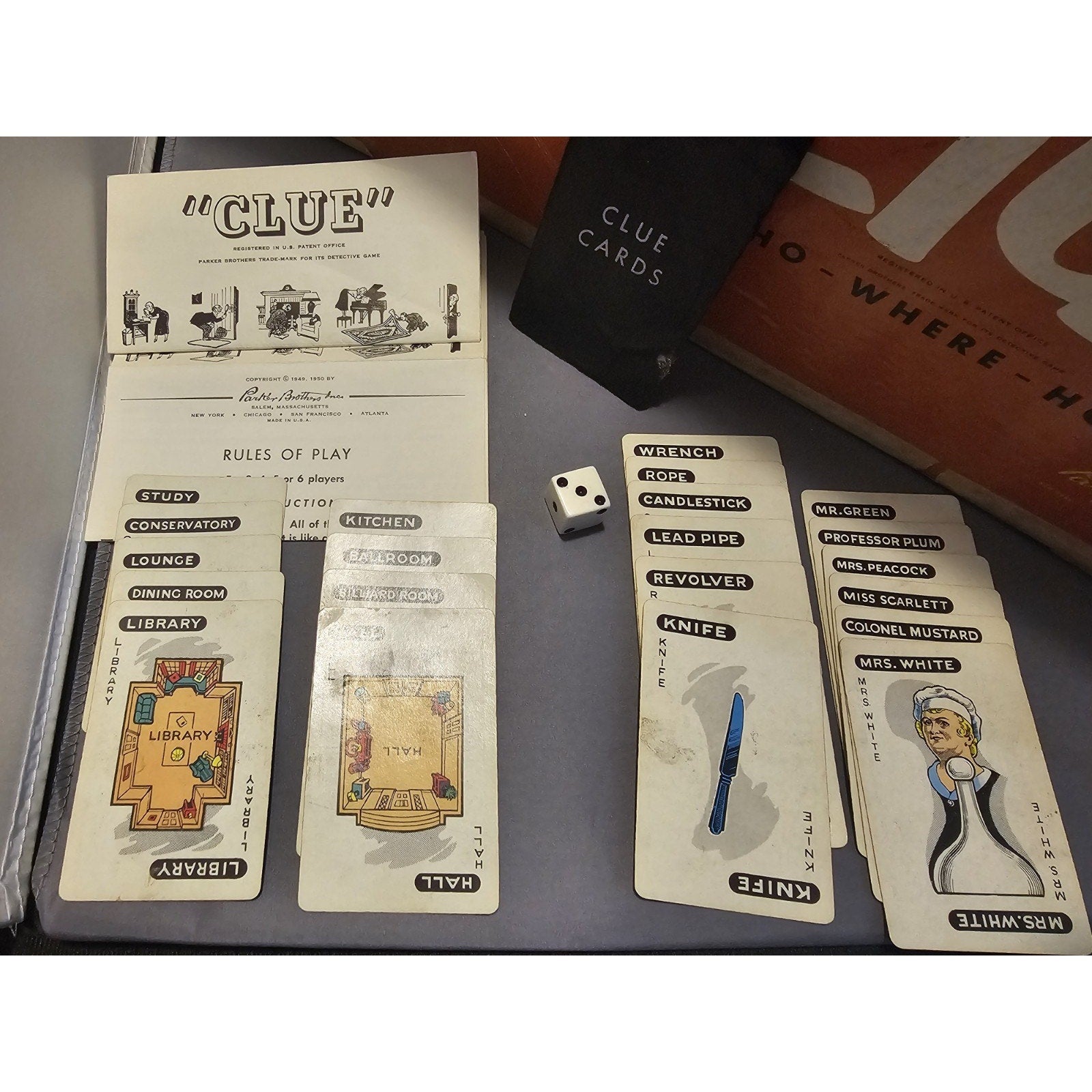 Vintage 1956 Clue Board Game - Replacement Parts - Playing Cards, Dice and Instr