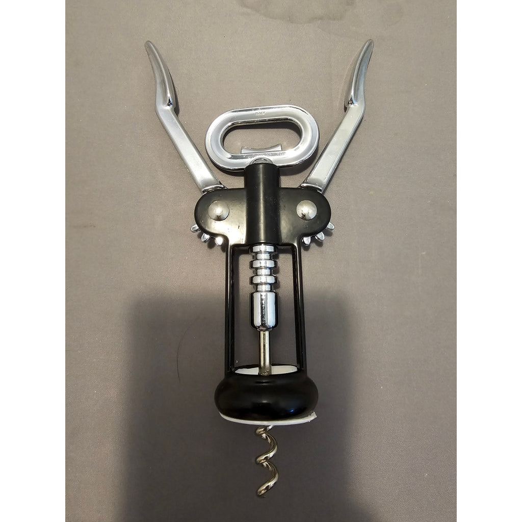 Pedrini Black/Silver Corkscrew Wine Bottle Opener w/Fins - Push Down-Italy-Used