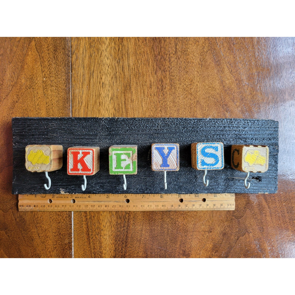 Custom Made Key Holder Out Of Children's Toy Building Blocks w/Letters and Car