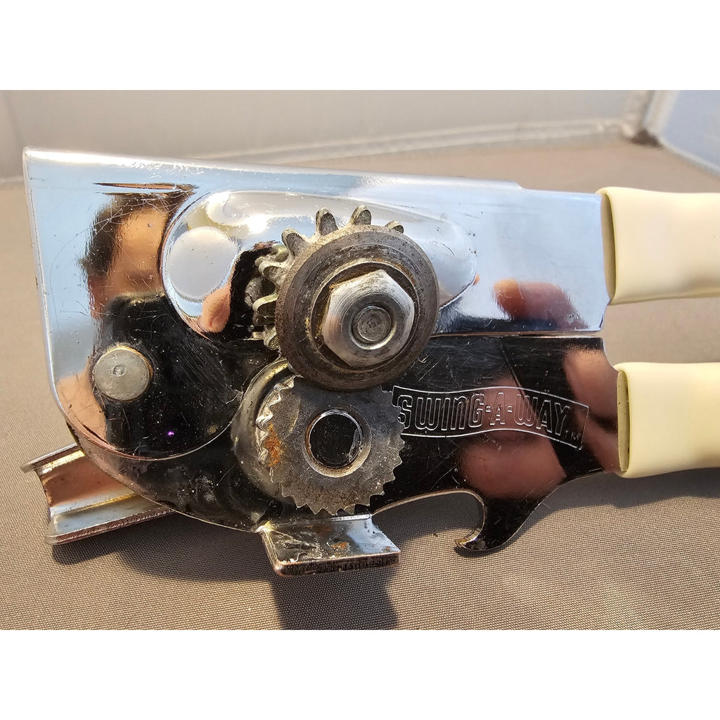 Vintage Swing-A-Way Can Opener Bottle White Grips Manual 7” USA Away