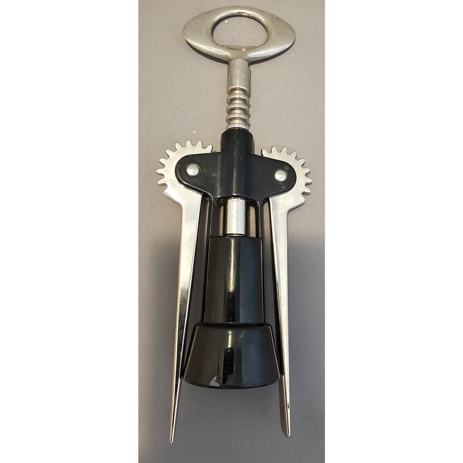 XL Brevettato Lumezzane Black/Silver Corkscrew Wine Bottle Opener w/Fins - Italy