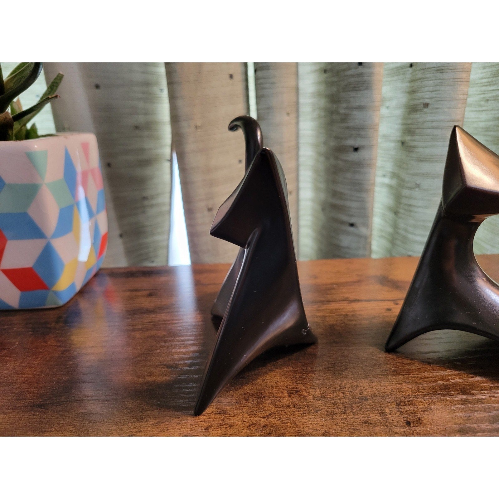 Pair of Mid Century Modern Cubist Atomic Black Ceramic Cat Figurines