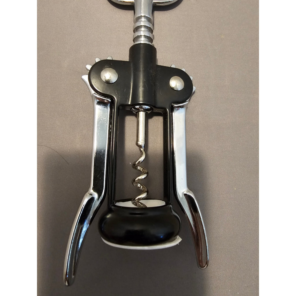 Pedrini Black/Silver Corkscrew Wine Bottle Opener w/Fins - Push Down-Italy-Used