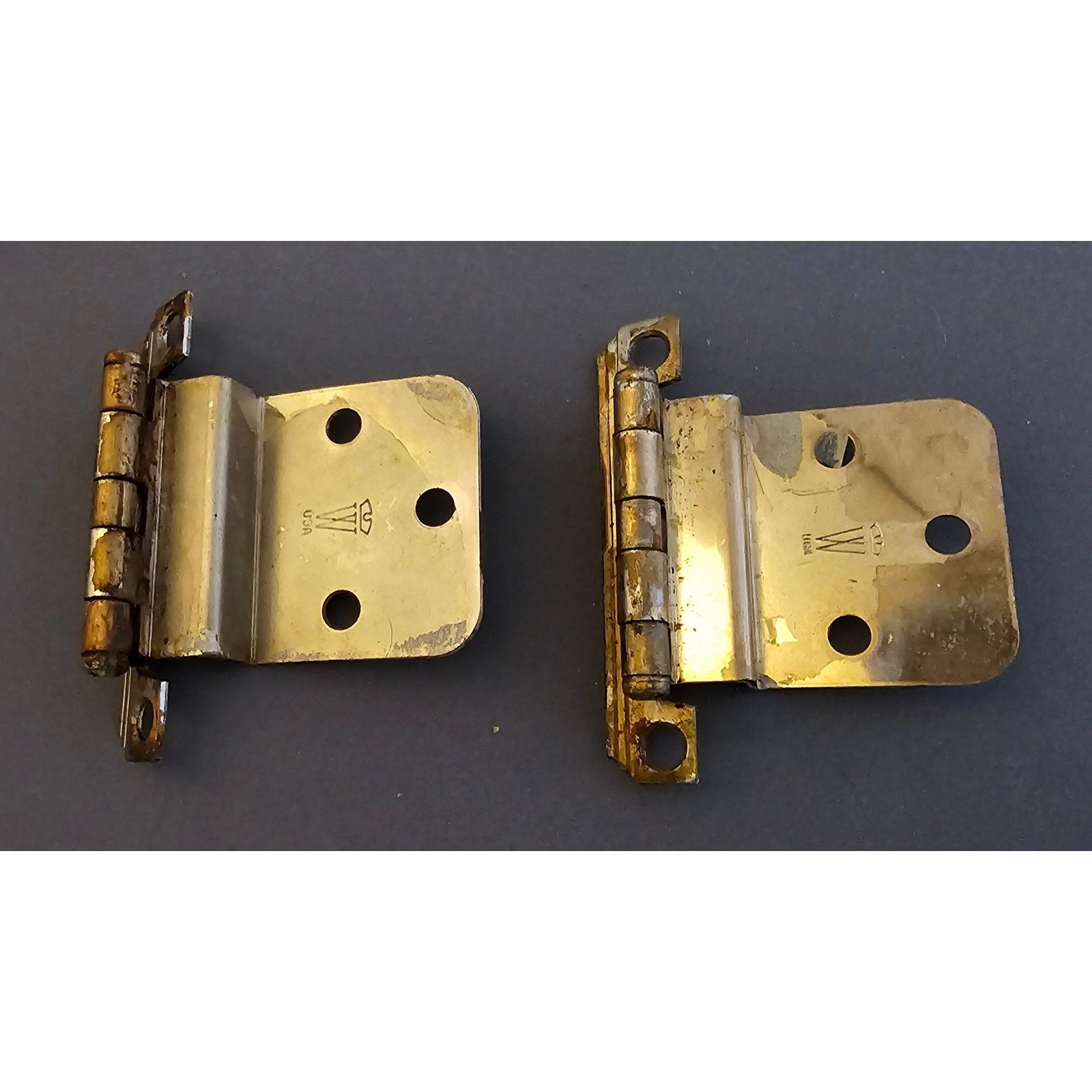 Pair of (2) Vintage/Mid-Century Cabinet Door Hinges - Gold Finish - Salvage