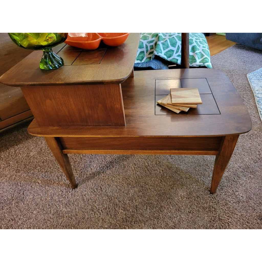 Mid Century Modern Stanley 2-Tiered Walnut & Burlwood End/Step/Side Table - 254
