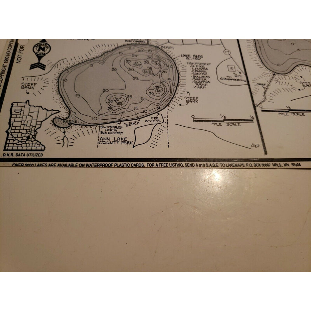 Vintage Lakemaps Waterproof Plastic Card - Ann/Lucy/Susan Lakes Carver County MN