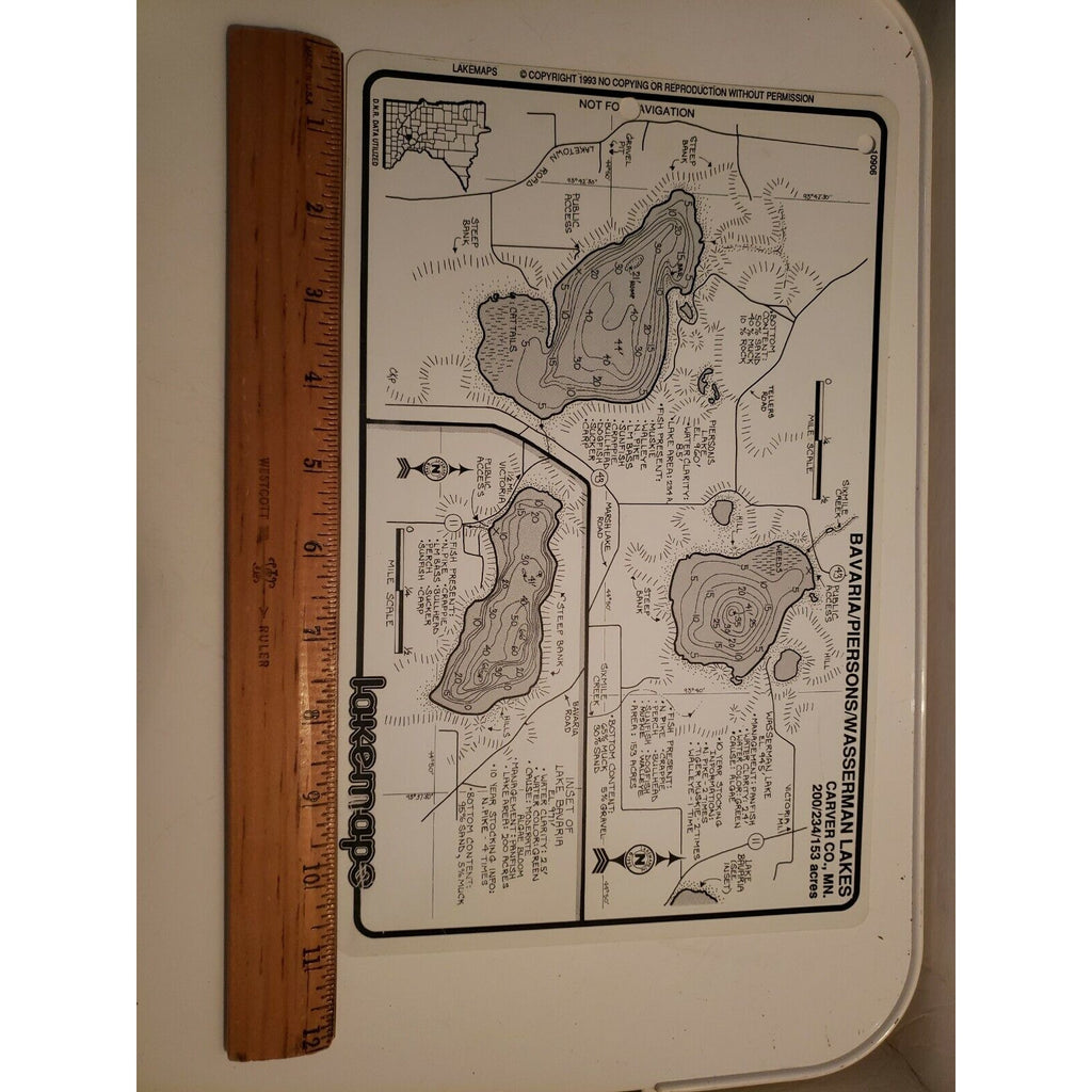 Vintage Lakemaps Waterproof Plastic Card - Bavaria/Piersons/Wasserman Carver MN