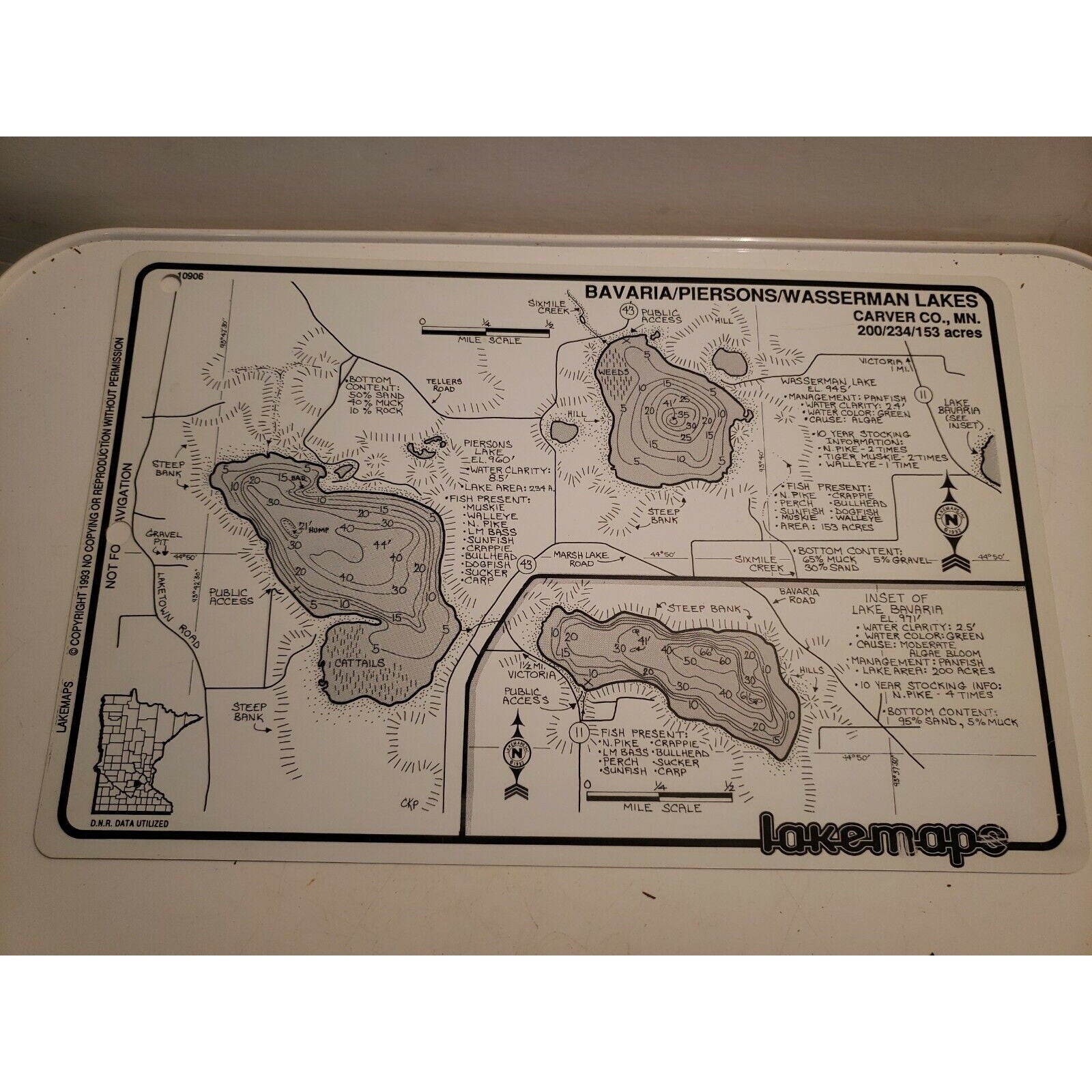 Vintage Lakemaps Waterproof Plastic Card - Bavaria/Piersons/Wasserman Carver MN