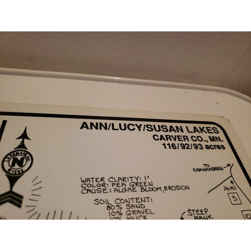 Vintage Lakemaps Waterproof Plastic Card - Ann/Lucy/Susan Lakes Carver County MN