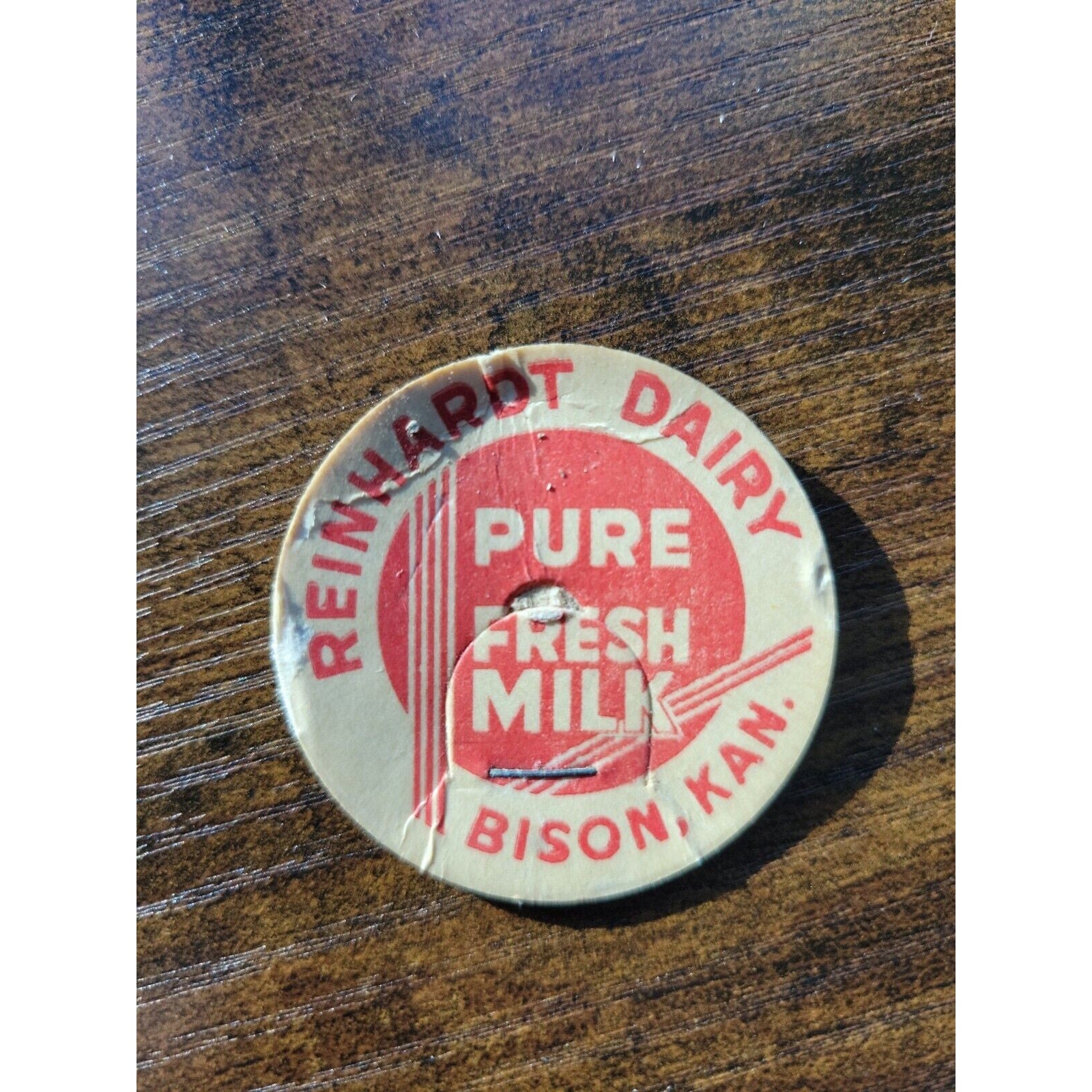 Reinhardt Dairy Milk Bottle Cap - Bison, Kansas (KS, KAN) - "Pure Fresh Milk"