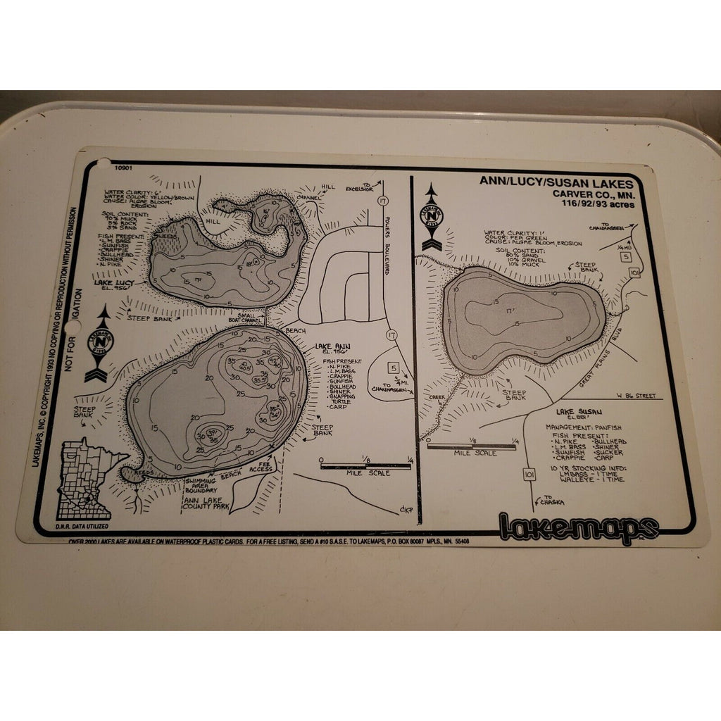 Vintage Lakemaps Waterproof Plastic Card - Ann/Lucy/Susan Lakes Carver County MN