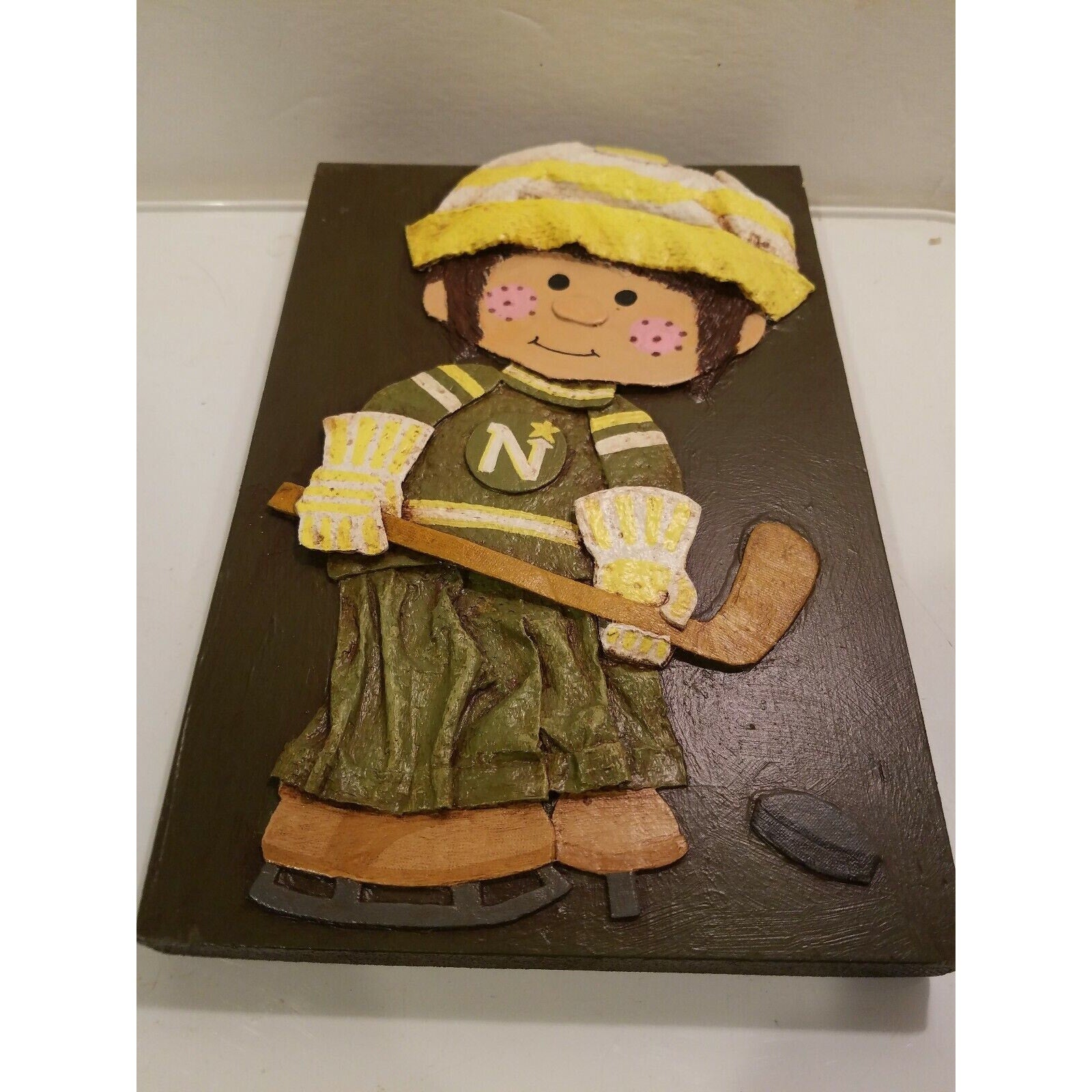 Minnesota North Stars Custom Wall Folk Art 9" x 6", skating girl with puck